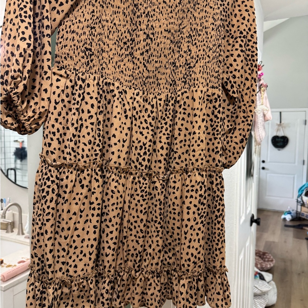 Pink Lily Tan and Black Smocked Dress